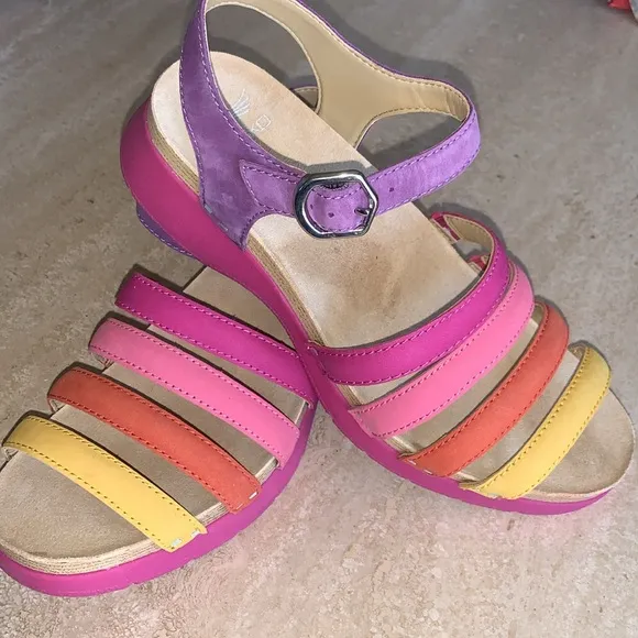 DANSKO colorful strappy slingback sandals, leather, purple pink yellow 37 EUC