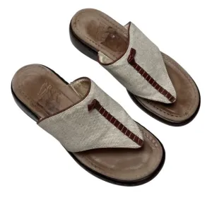 Dansko Khaki Tan&amp; Brown Leather And Canvas Thong Toe Slide Sandals 39