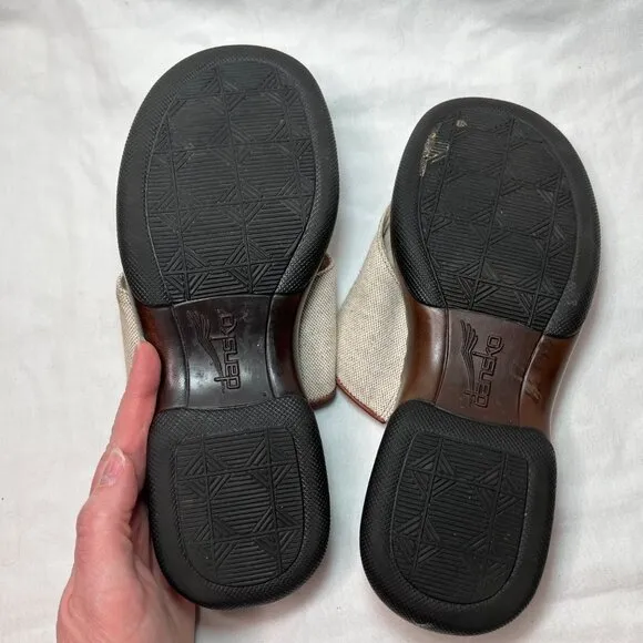 Dansko Khaki Tan&amp; Brown Leather And Canvas Thong Toe Slide Sandals 39