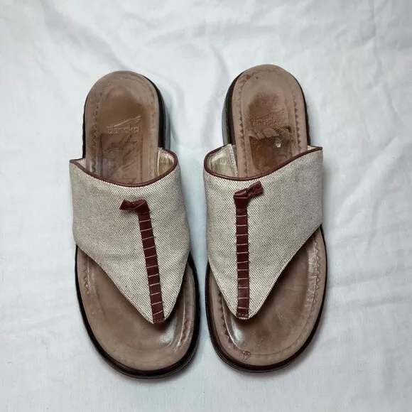Dansko Khaki Tan&amp; Brown Leather And Canvas Thong Toe Slide Sandals 39