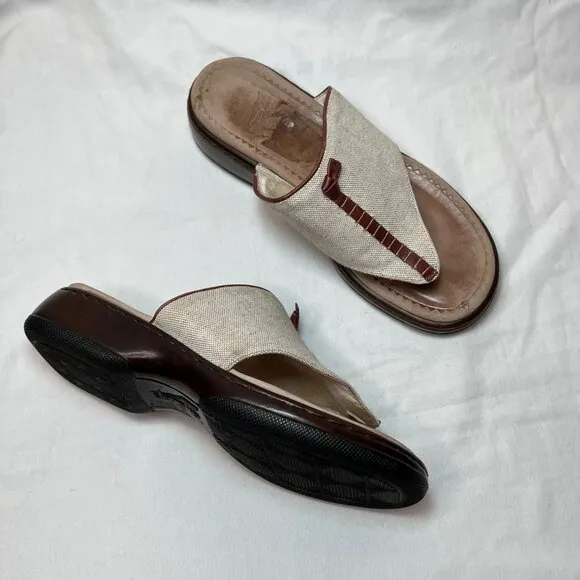 Dansko Khaki Tan&amp; Brown Leather And Canvas Thong Toe Slide Sandals 39