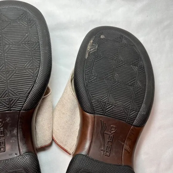Dansko Khaki Tan&amp; Brown Leather And Canvas Thong Toe Slide Sandals 39