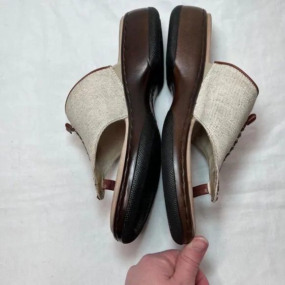 Dansko Khaki Tan&amp; Brown Leather And Canvas Thong Toe Slide Sandals 39