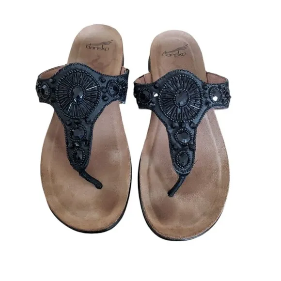 Dansko Pamela Women's  Jeweled Thong Comfort Sandals Black  Leather SZ EU40,US 8