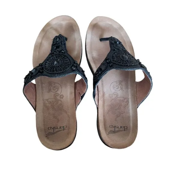 Dansko Pamela Women's  Jeweled Thong Comfort Sandals Black  Leather SZ EU40,US 8