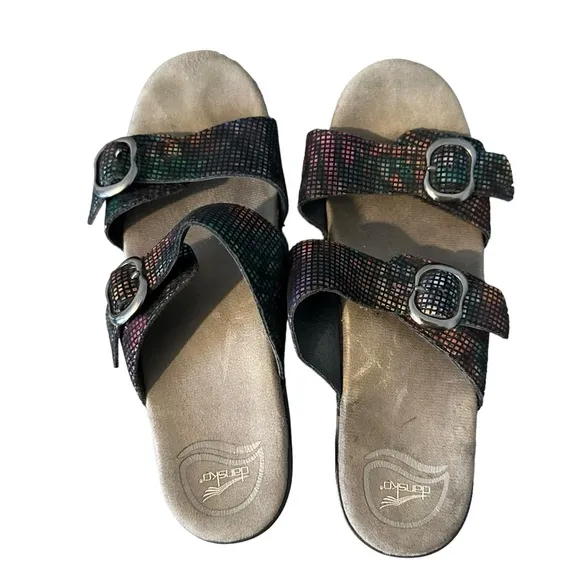 Dansko Sandals Womens 38 Sophie Double Strap Buckle Iridescent Wedge Heels Clogs