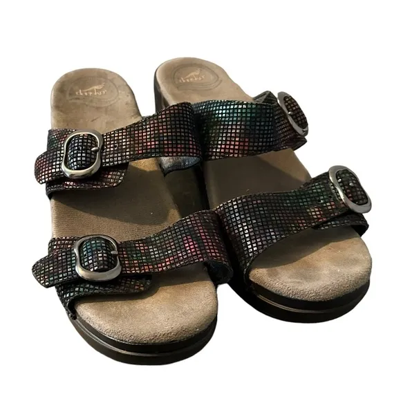 Dansko Sandals Womens 38 Sophie Double Strap Buckle Iridescent Wedge Heels Clogs