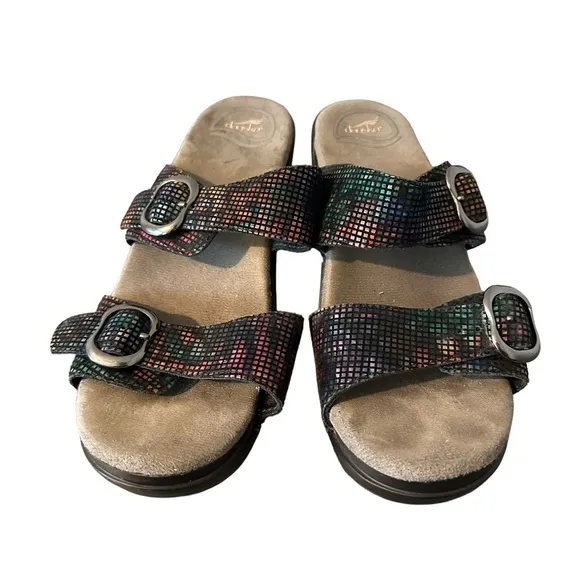 Dansko Sandals Womens 38 Sophie Double Strap Buckle Iridescent Wedge Heels Clogs