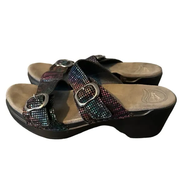 Dansko Sandals Womens 38 Sophie Double Strap Buckle Iridescent Wedge Heels Clogs