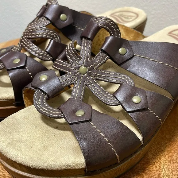 Dansko Serena Clog Sandals Leather Wood Heel Brown Tan/Brown Shoes 40/9.5-10