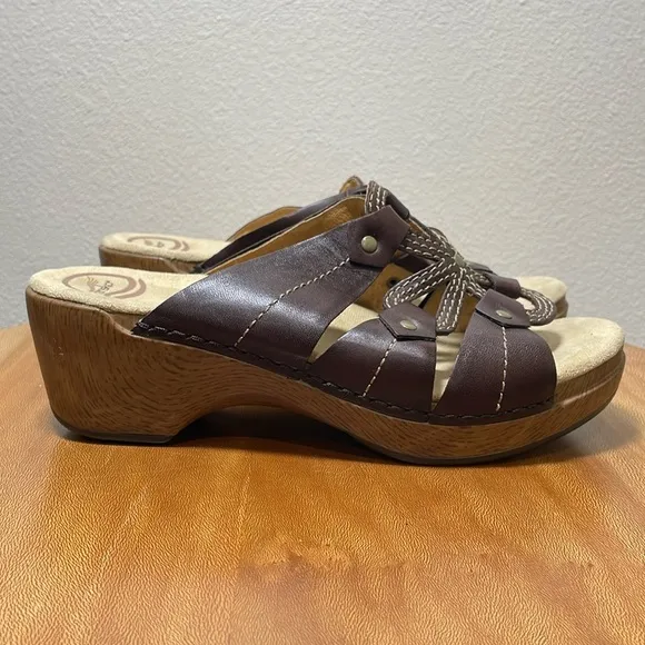 Dansko Serena Clog Sandals Leather Wood Heel Brown Tan/Brown Shoes 40/9.5-10
