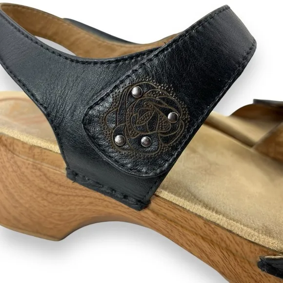 Dansko Sonnet Black Full Grain Leather Floral Studded Platform Sandal Shoe 11