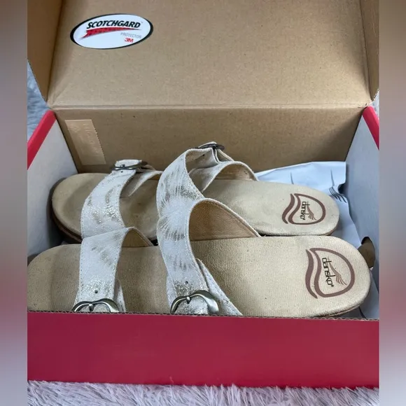 Dansko Sophie Women's Metallic Slingback Sandals Size 38 Wedge Heel Ivory/Gold