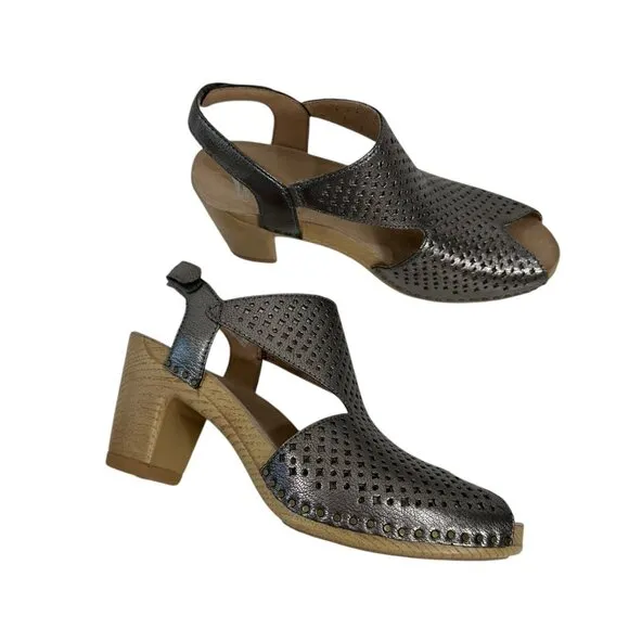 Dansko Teagan Women Metallic Perforated Leather Peep Toe Slingback Sandals SZ 39