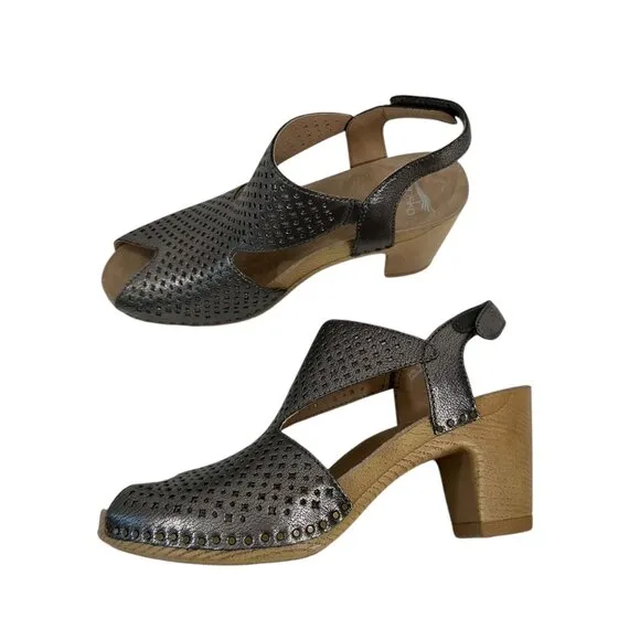 Dansko Teagan Women Metallic Perforated Leather Peep Toe Slingback Sandals SZ 39