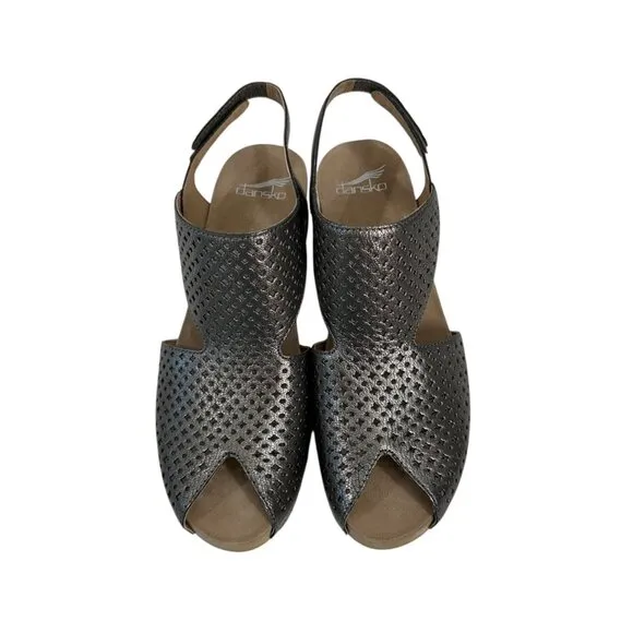Dansko Teagan Women Metallic Perforated Leather Peep Toe Slingback Sandals SZ 39