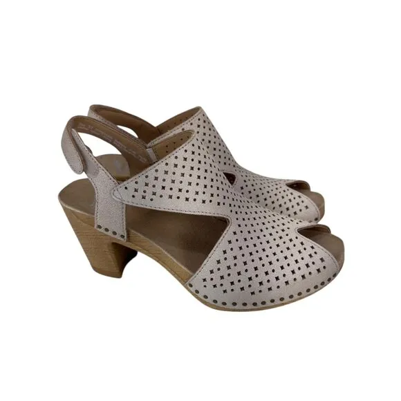 Dansko Teagan Women SZ 37 Beige Perforated Peep-Toe Slingback Sandals Block Heel