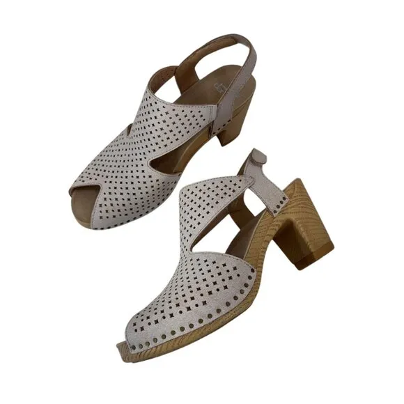 Dansko Teagan Women SZ 37 Beige Perforated Peep-Toe Slingback Sandals Block Heel