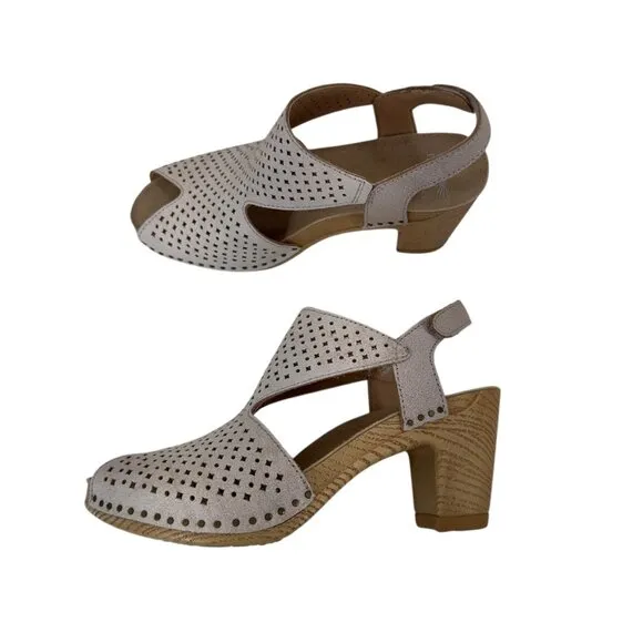 Dansko Teagan Women SZ 37 Beige Perforated Peep-Toe Slingback Sandals Block Heel