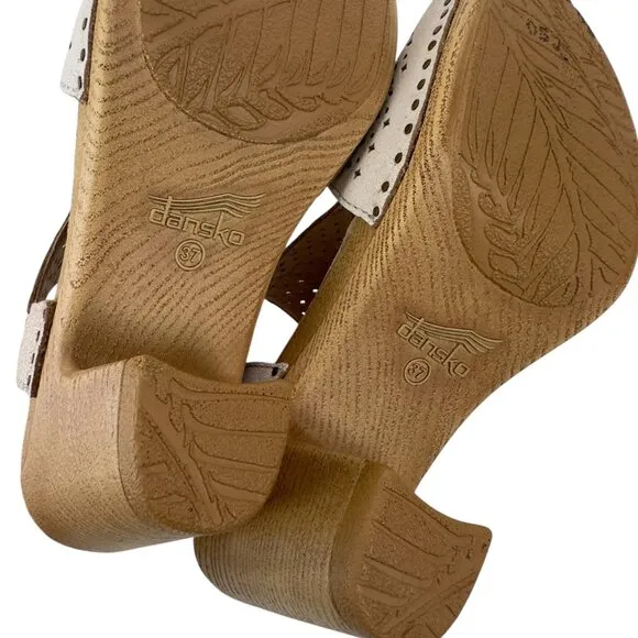 Dansko Teagan Women SZ 37 Beige Perforated Peep-Toe Slingback Sandals Block Heel