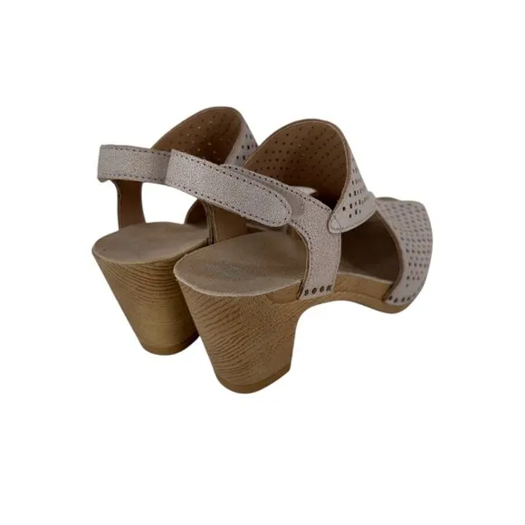 Dansko Teagan Women SZ 37 Beige Perforated Peep-Toe Slingback Sandals Block Heel