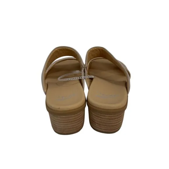 Dansko Theresa Women SZ 38 Open-Toe Block Heel Sandals Leather Suede Beige/Gold