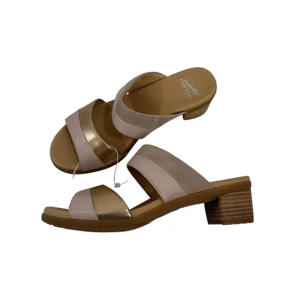 Dansko Theresa Women SZ 38 Open-Toe Block Heel Sandals Leather Suede Beige/Gold