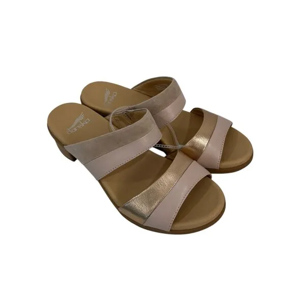 Dansko Theresa Women SZ 38 Open-Toe Block Heel Sandals Leather Suede Beige/Gold