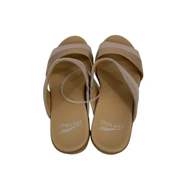 Dansko Theresa Women SZ 38 Open-Toe Block Heel Sandals Leather Suede Beige/Gold
