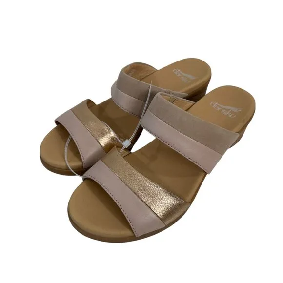 Dansko Theresa Women SZ 38 Open-Toe Block Heel Sandals Leather Suede Beige/Gold
