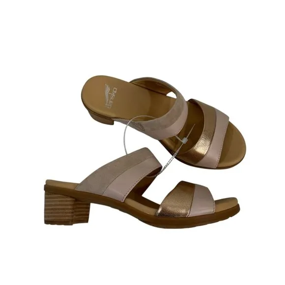 Dansko Theresa Women SZ 38 Open-Toe Block Heel Sandals Leather Suede Beige/Gold