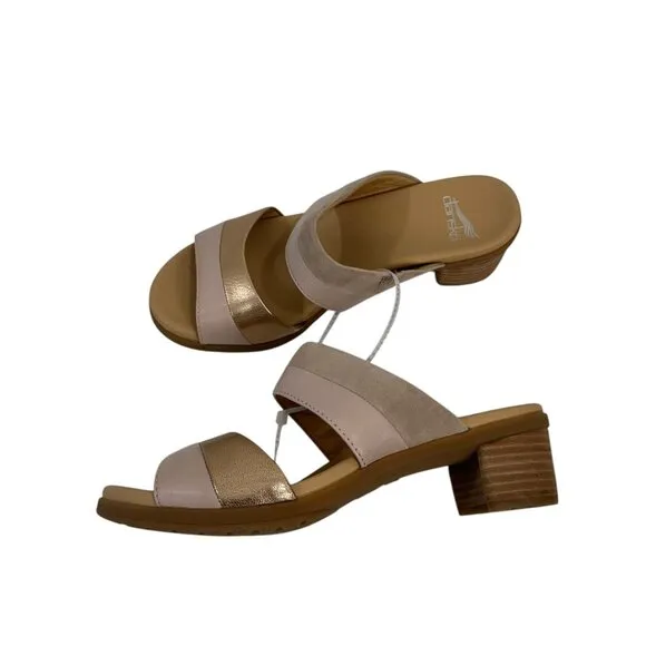 Dansko Theresa Women SZ 38 Open-Toe Block Heel Sandals Leather Suede Beige/Gold