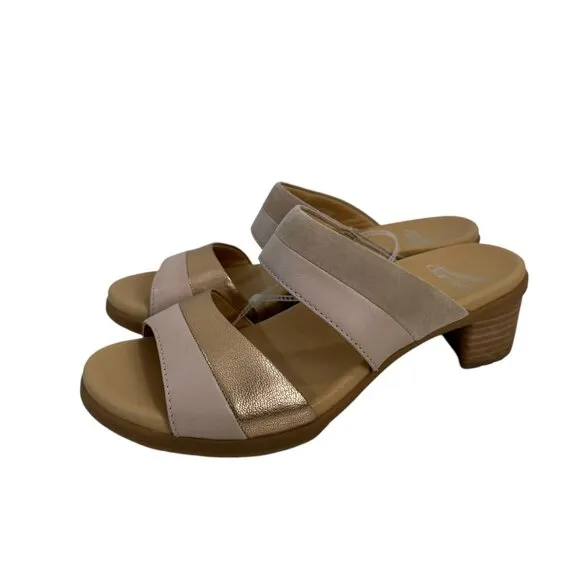 Dansko Theresa Women SZ 38 Open-Toe Block Heel Sandals Leather Suede Beige/Gold