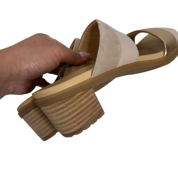 Dansko Theresa Women SZ 38 Open-Toe Block Heel Sandals Leather Suede Beige/Gold
