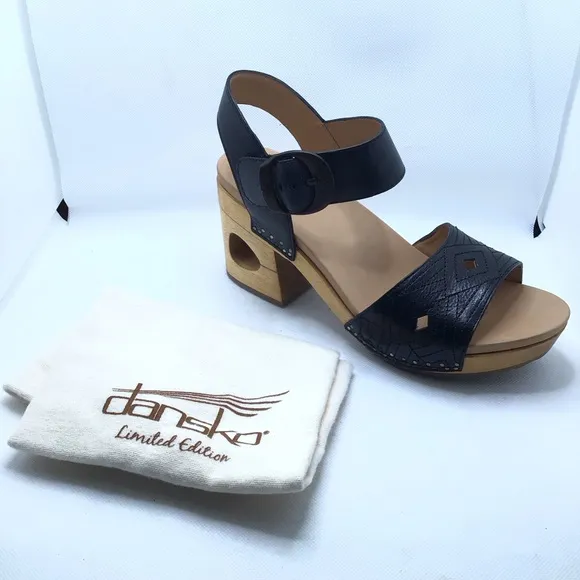 Dansko Womens Odele Black Tumbled Calf Block Heeled Sandals Size 40 (9.5-10 US)