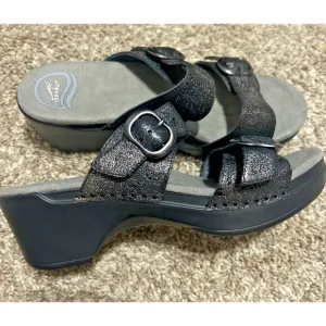 Dansko Women's Sophie Black Leather Double Strap Slide Comfort Sandal Sz 39 US 8