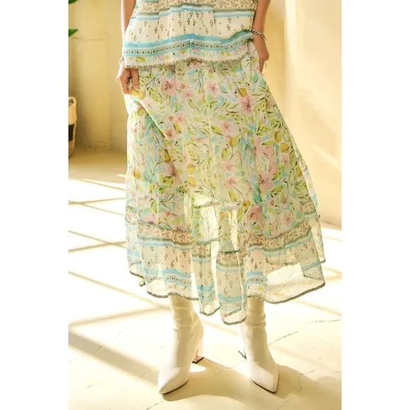 Davi &amp; Dani Spring Floral Print Elastic Ruffled Skirt Mint Green