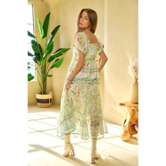 Davi &amp; Dani Spring Floral Print Elastic Ruffled Skirt Mint Green