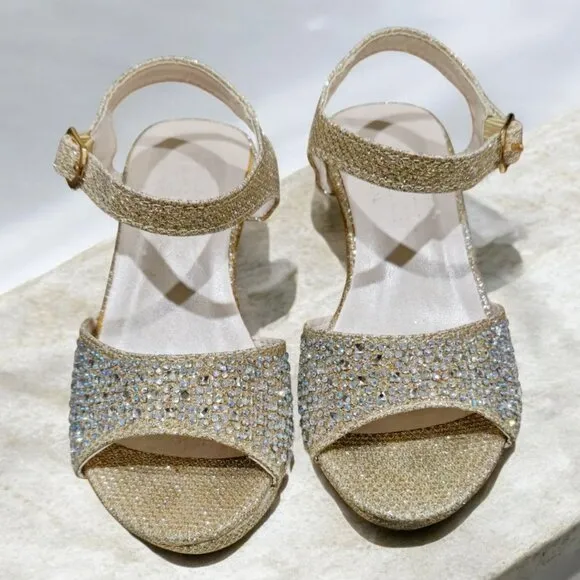 Davids Bridal Gold Glitter Wedge Heel Sandals With Rhinestones &amp; Buckle Strap T9