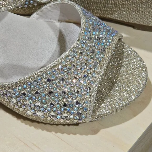 Davids Bridal Gold Glitter Wedge Heel Sandals With Rhinestones &amp; Buckle Strap T9
