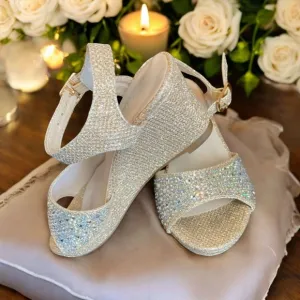 Davids Bridal Gold Glitter Wedge Heel Sandals With Rhinestones &amp; Buckle Strap T9