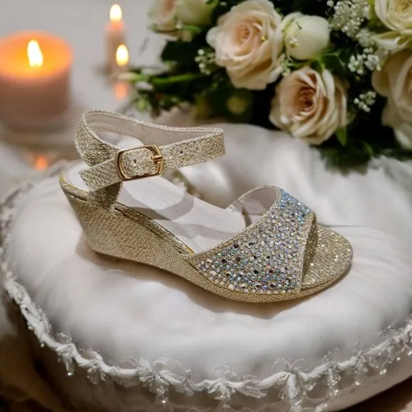 Davids Bridal Gold Glitter Wedge Heel Sandals With Rhinestones &amp; Buckle Strap T9