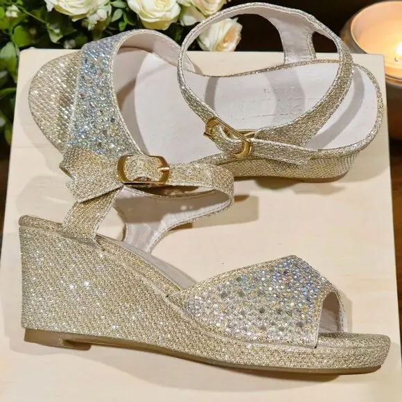 Davids Bridal Gold Glitter Wedge Heel Sandals With Rhinestones &amp; Buckle Strap T9