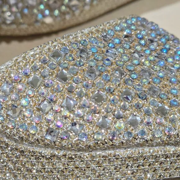 Davids Bridal Gold Glitter Wedge Heel Sandals With Rhinestones &amp; Buckle Strap T9