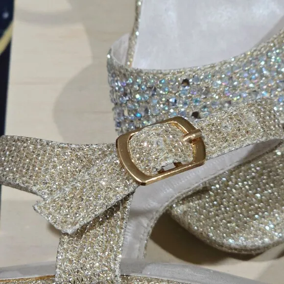 Davids Bridal Gold Glitter Wedge Heel Sandals With Rhinestones &amp; Buckle Strap T9