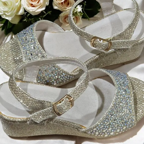 Davids Bridal Gold Glitter Wedge Heel Sandals With Rhinestones &amp; Buckle Strap T9