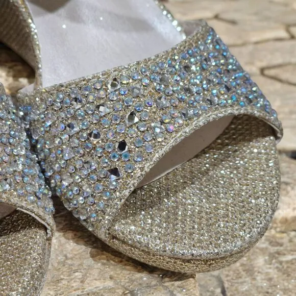 Davids Bridal Gold Glitter Wedge Heel Sandals With Rhinestones &amp; Buckle Strap T9