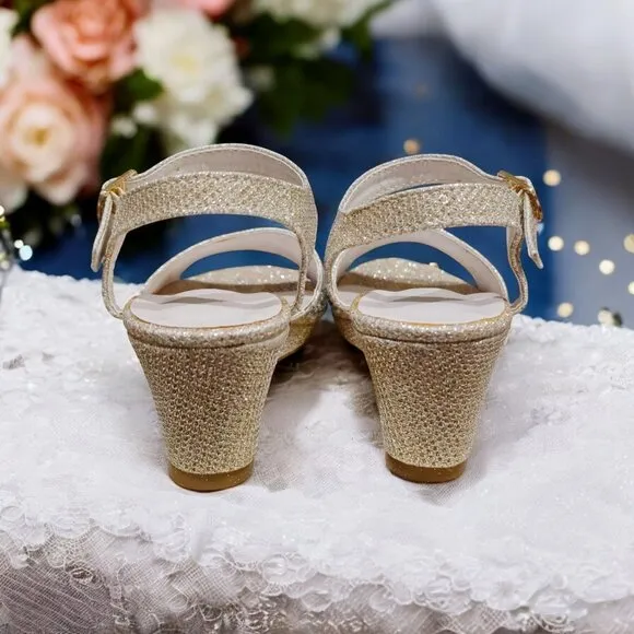 Davids Bridal Gold Glitter Wedge Heel Sandals With Rhinestones &amp; Buckle Strap T9