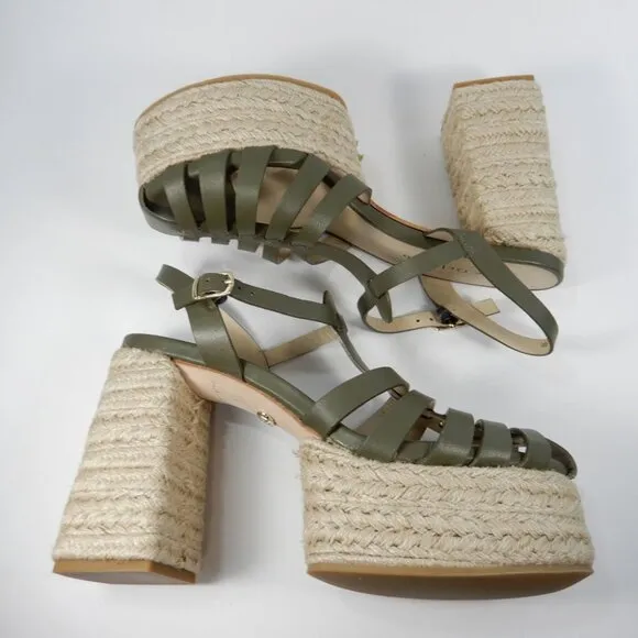 Dee Ocleppo Tulum Platform Espadrille Sandals 8.5 Heels Moss Green Leather NEW