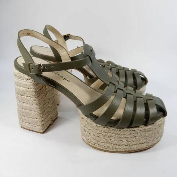 Dee Ocleppo Tulum Platform Espadrille Sandals 8.5 Heels Moss Green Leather NEW
